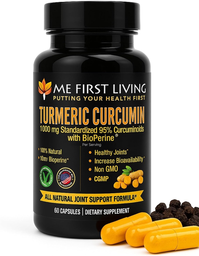 Me First Living Turmeric Curcumin 1000 mg 95 Curcuminoids, Bioperine 10 mg, 19x More Potent Than Diğerleri, Yükselir, Non-GMO, Organik Turmeric, Vegan, Gluten Free, 60 Capsules