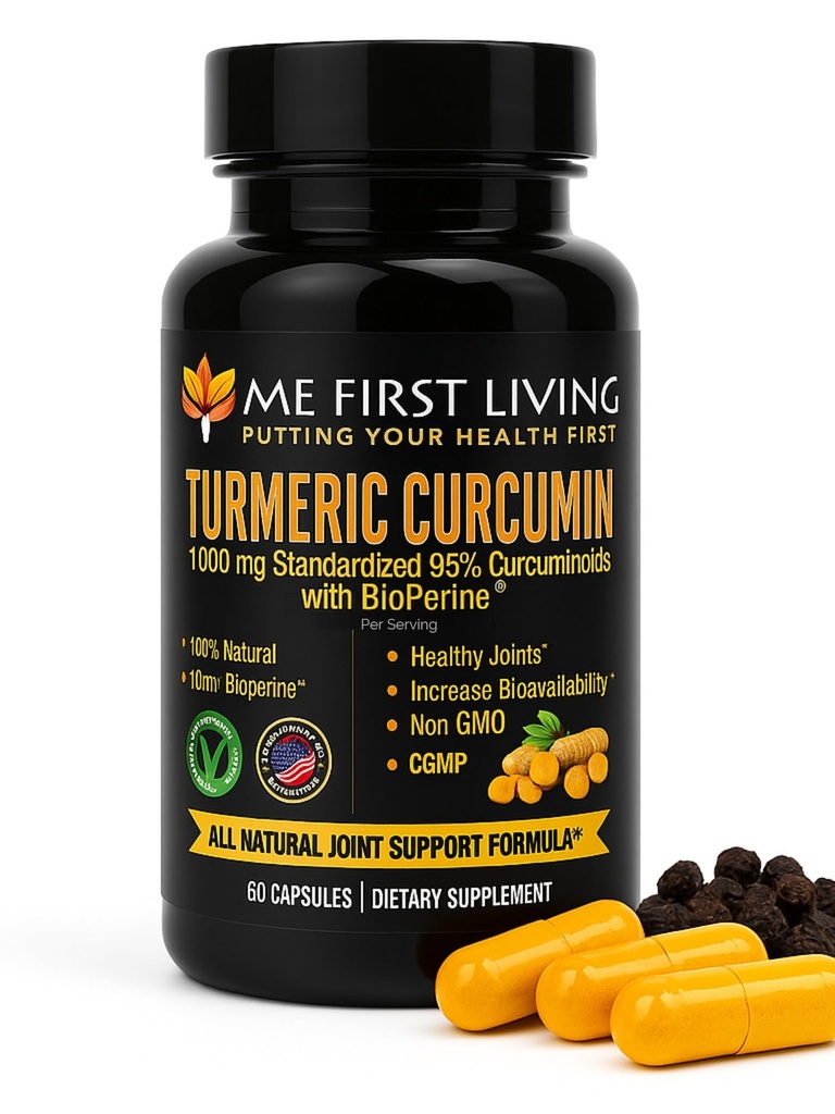 Me First Living Turmeric Curcumin 1000 mg 95% Κουρκουμινοειδή, Bioperine 10 mg, 19x More Poent Than Others, Αυξημένη Απορρόφηση, Μη ΓΤΟ, Οργανικός Κουρκουμινοειδής, Vegan, Χωρίς Γλουτένη, 60 Κάψουλες