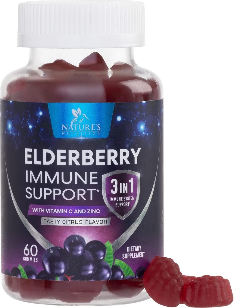 Gummies Elderberry με βιταμίνη C, D3 και ψευδάργυρο - ανοσοποιητική υποστήριξη Gummy για τα παιδιά και τους ενήλικες, Black Elderberry Extract Gummy Immune Health Supplement, Black Elder Berry Vitamin - 60 Gummies