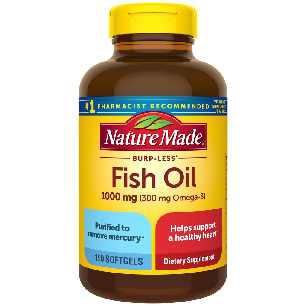 Nature Made Burp Less Fish Oil Omega 3 Supplements, 1000 mg Softgels, Omega 3 Fish Oil Supplements, 75 Day Supply Support, 150 Softgels, 75 Day Supply Supply