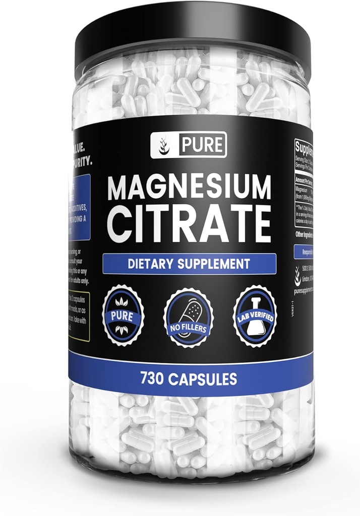 Saf Original Malzemeler Magnezyum Citrate (730 Capsules) Magnezyum Or Rice Fillers, Always Pure, Lab TY