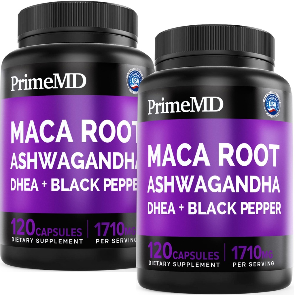 6-σε-1 Βιολογικές κάψουλες ρίζας Maca Ashwagandha 1710mg με εκχύλισμα φρούτων DHEA και Black Pepper για γυναίκες και άνδρες - Συμπλήρωμα μαύρου Maca για το συμπλήρωμα υποστήριξης Stamina, οστών και διάθεσης, 120ct (πακέτο του 2)