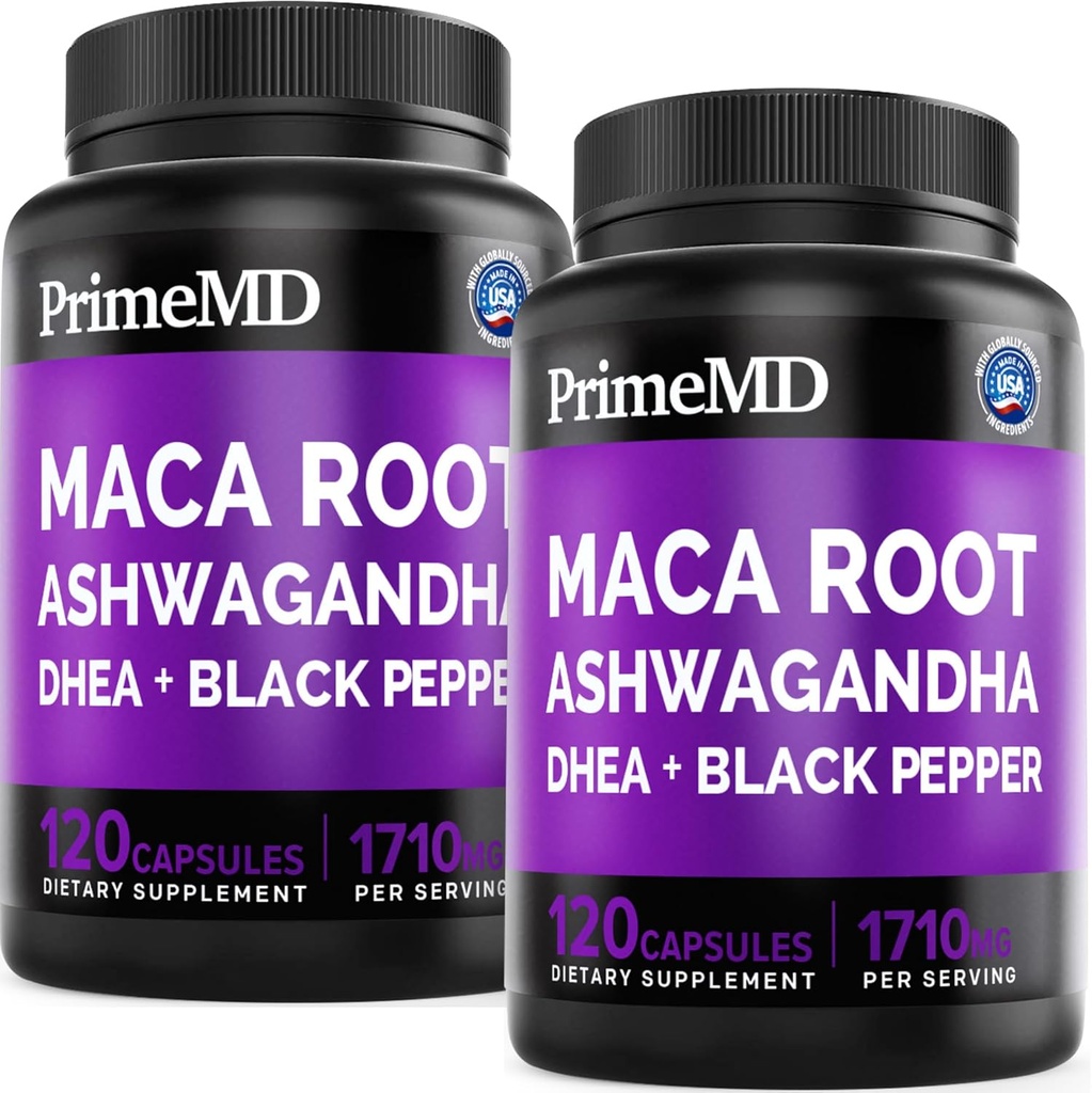 6-in-1 Organik Maca Root Ashwagandha Capsules 1710 mg with DHEA and Black Pepper Fruit Extract for Women and Men - Black Maca Supplement for Stamina, Bone and Mood Support Supplement, 120ct (Pack of 2)