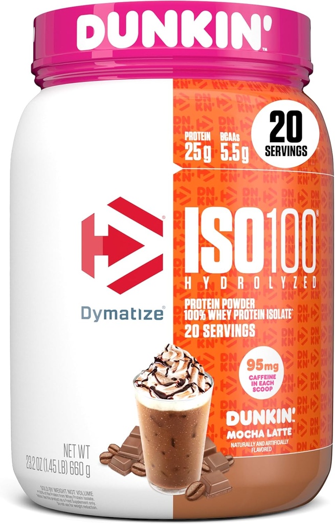 Dymatize x Dunkin' Mocha Latte ISO100 Whey Protein Powder, 95mg Caffeine, 25g πρωτεΐνης, 5.5g BCAAs, 120 Cal., Χωρίς γλουτένη, 1g λίπος, 1g ζάχαρη, 3g υδατάνθρακες (20 σερβίτσια)