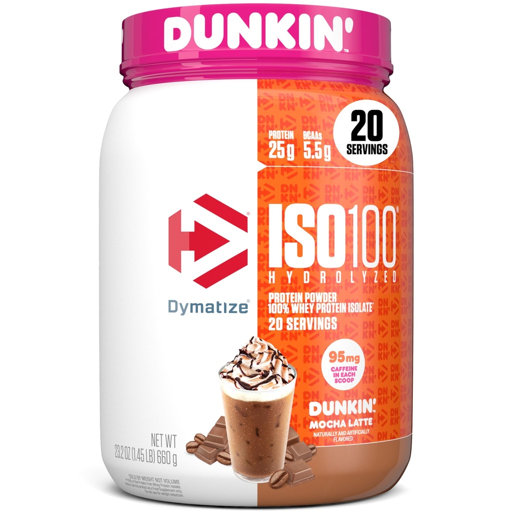 x Dunkin' Mocha Latte ISO100 Whey Protein Tozu, 95 mg Caffeine, 25g Protein, 5.5g BCAAs, 120 Cal., Gluten Free, 1g Fat, 1g Sugar, 3g Carb (20 hizmet)