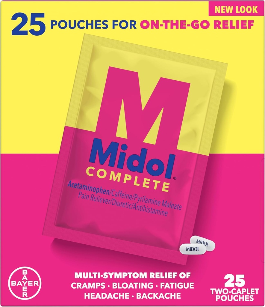 Midol Tamam The Go Caplets with Acetaminophen for Menstrual Symptom Relief, Period Cramp and Menstrual Pain Relief, Count 50 (25 Pouches of 2)