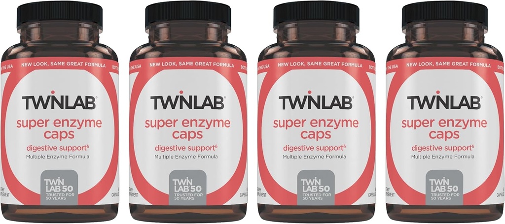 Twinlab Super Enzyme Caps - Συμπλήρωμα δυσκοιλιότητας με Digestive Enzymes - 50 Κάψουλες (πακέτο των 4)