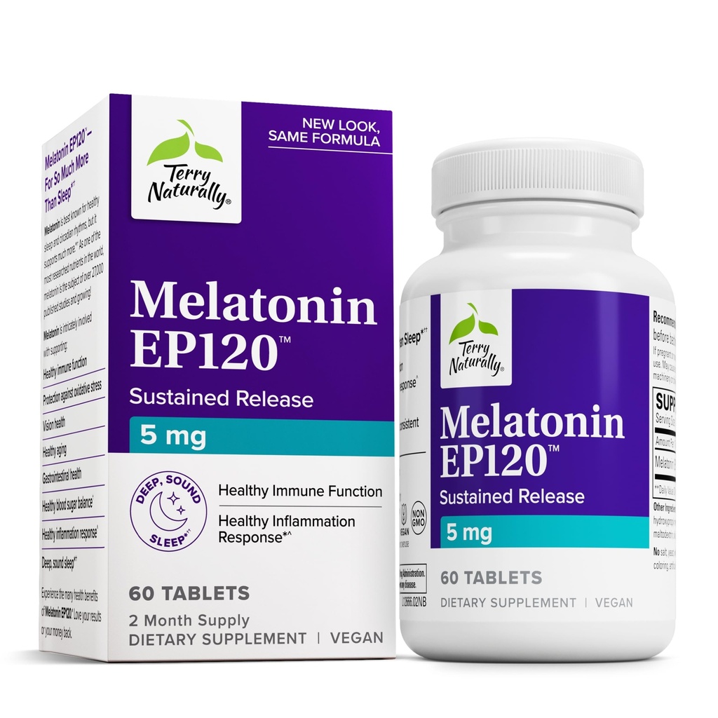 Terry Φυσικά μελατονίνη EP 120 5mg - Συμπλήρωμα υποστήριξης ύπνου με αντιοξειδωτικά - Συμπλήρωμα χωρίς γλουτένη για υγιή ύπνο - Συμπλήρωμα διατροφής για την ενίσχυση της υγιούς γήρανσης & ανοσοποιητική υγεία - 60 δισκία