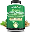 Nutrivein Ashwagandha για άνδρες και γυναίκες - 1600mg - Ενισχυμένο με μαύρο πιπέρι - Υψηλής απορρόφησης Root Powder Ashwagandha Συμπληρώματα για ισορροπία Mood, ξεκούραστο ύπνο, & Focus - 120 Vegan Κάψουλες