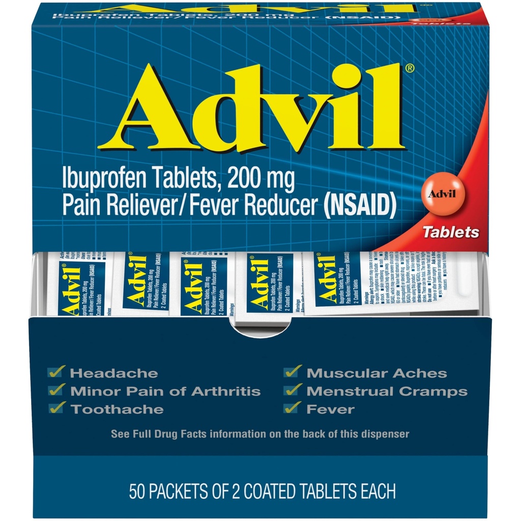 Advil Ağrı Reliever ve Ateşleme, Ağrı Yardımı Ibuprofen 200 mg for Headache, Backache, Menstrual Pain and Joint Pain Relief - 50x2 Kaplamalı Tabletler