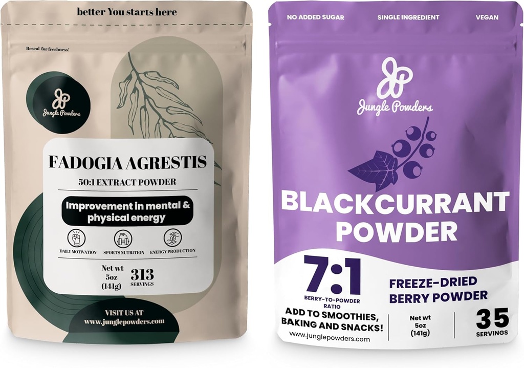 Jungle Powders Bundle for Men's Health & Vitality: 5oz Fadogia Agrestis Extract Powder - Pure Nigerian Supplement + 5oz Black Currant Powder - Freeze-Dried Fruit for Tea, Juice, Smoothies, & More!