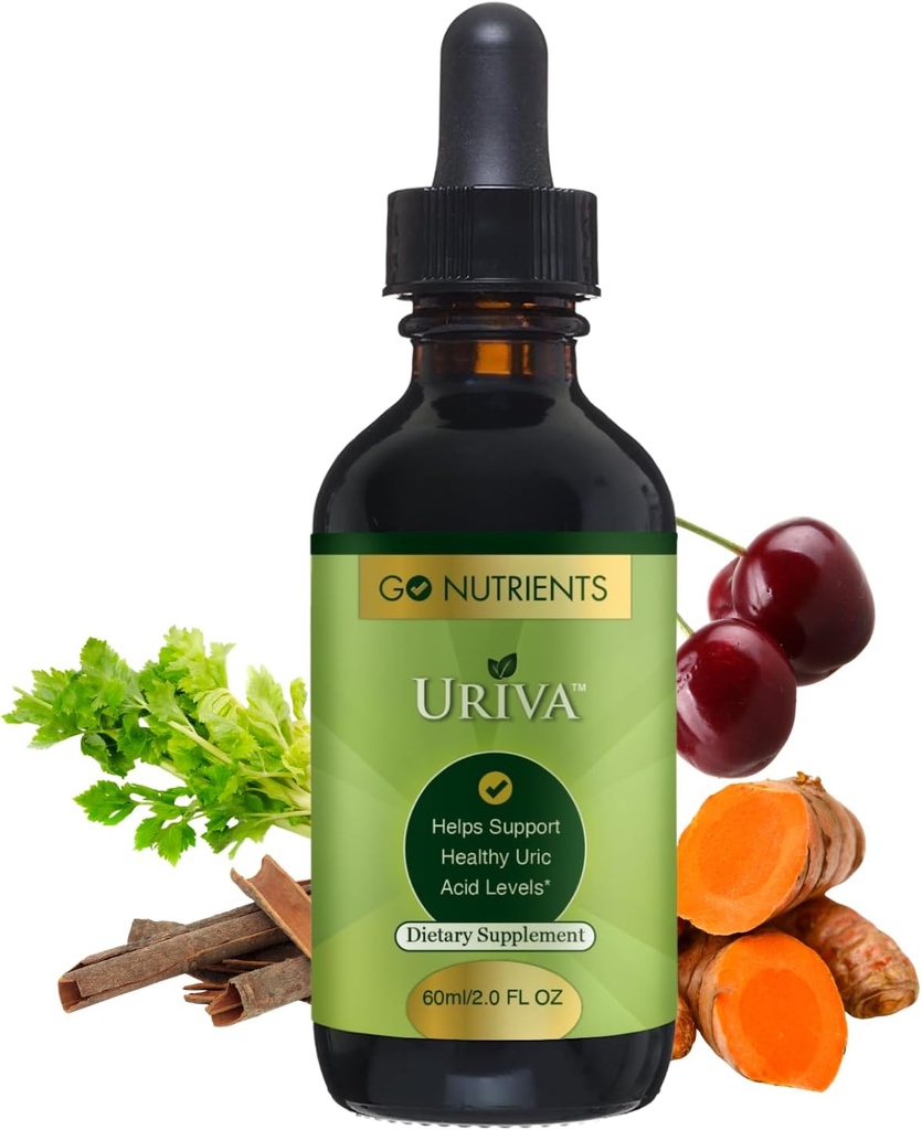 Go Nutrients Uriva - Advanced Uric Acid Flush Cleanse with Tart Cherry Extract Celery Seed, Turmeric & More - High Absorption Liquid Drops Supplement for Joints and Kidney 2.0 oz. | 48 Servings