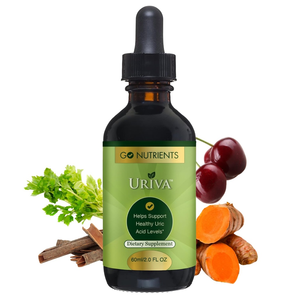 Go Nutrients Uriva - Advanced Uric Acid Flush Cleanse with Tart Cherry Extract Celery Seed, Turmeric & More - High Absorption Liquid Drops Supplement for Joints and Kidney 2.0 oz. | 48 Servings