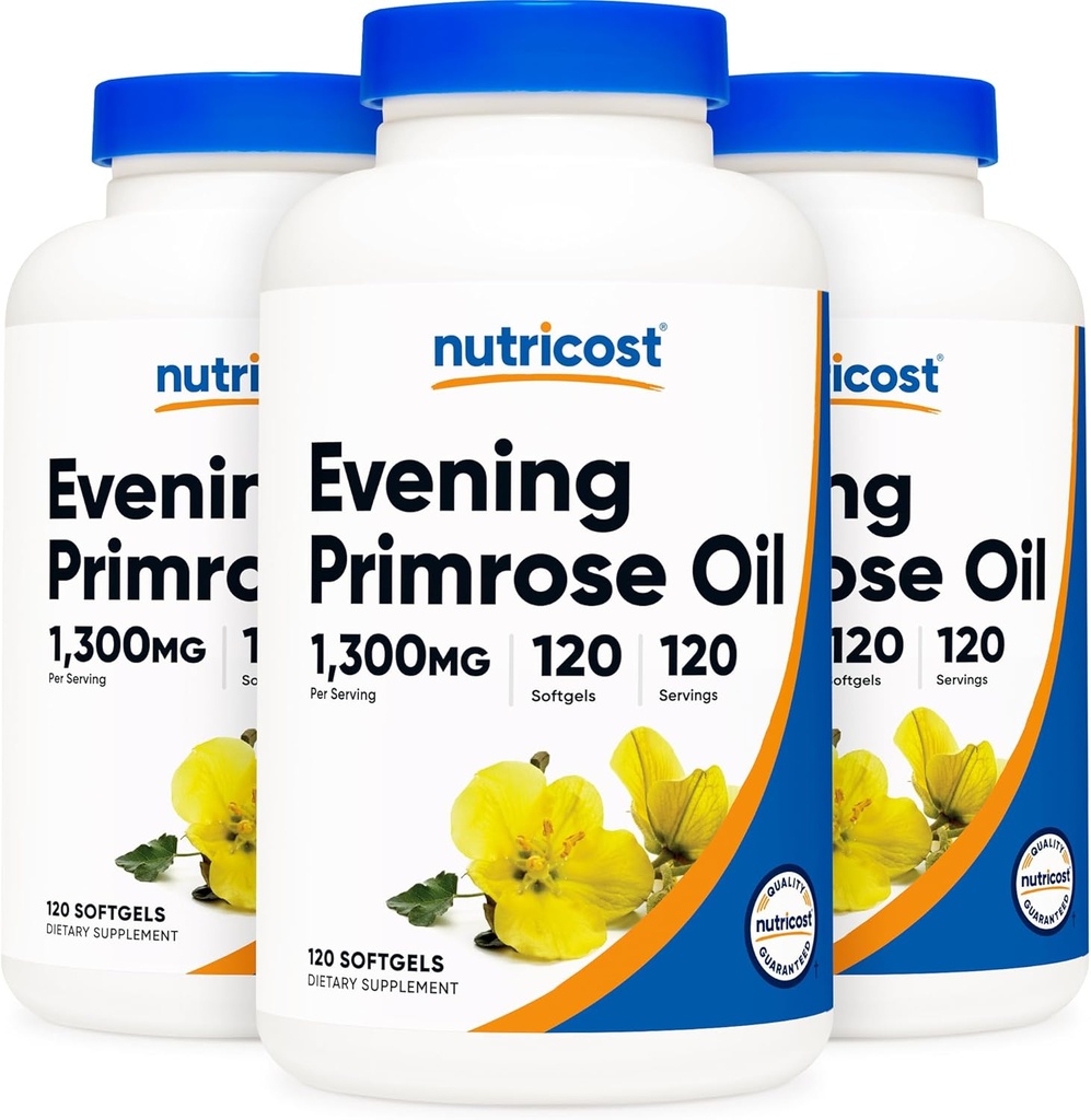 Nutricost Evening Primrose Oil 1.300mg, 120 Softgels (3 Μπουκάλια) - Μη ΓΤΟ, Χωρίς Γλουτένη, 120 Σερβιέτες