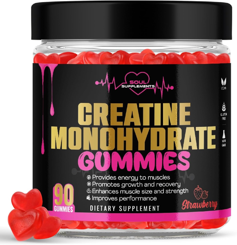 Genric Kretine Monohidrat Gummies for kas kurtarma, kas kazancı ve güç, enerji odaklanma ve beyin sağlığı, ücretsiz gluten, GMO, vegan takviyesi erkekler ve kadınlar için, 30 hizmet 90 cttt