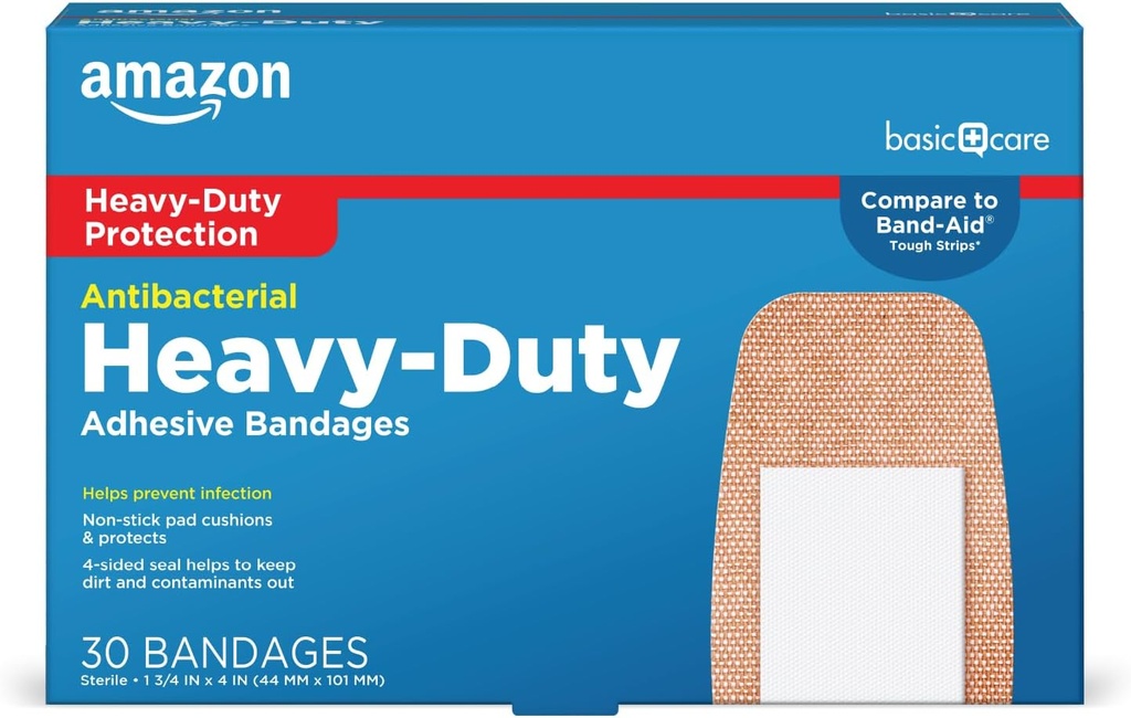   Basic Care Heavy Fabric Adhesive Bandages, Tough & Flexible Non-Stick Pad Cushion, 1.75 x 4 inches (30 Count)