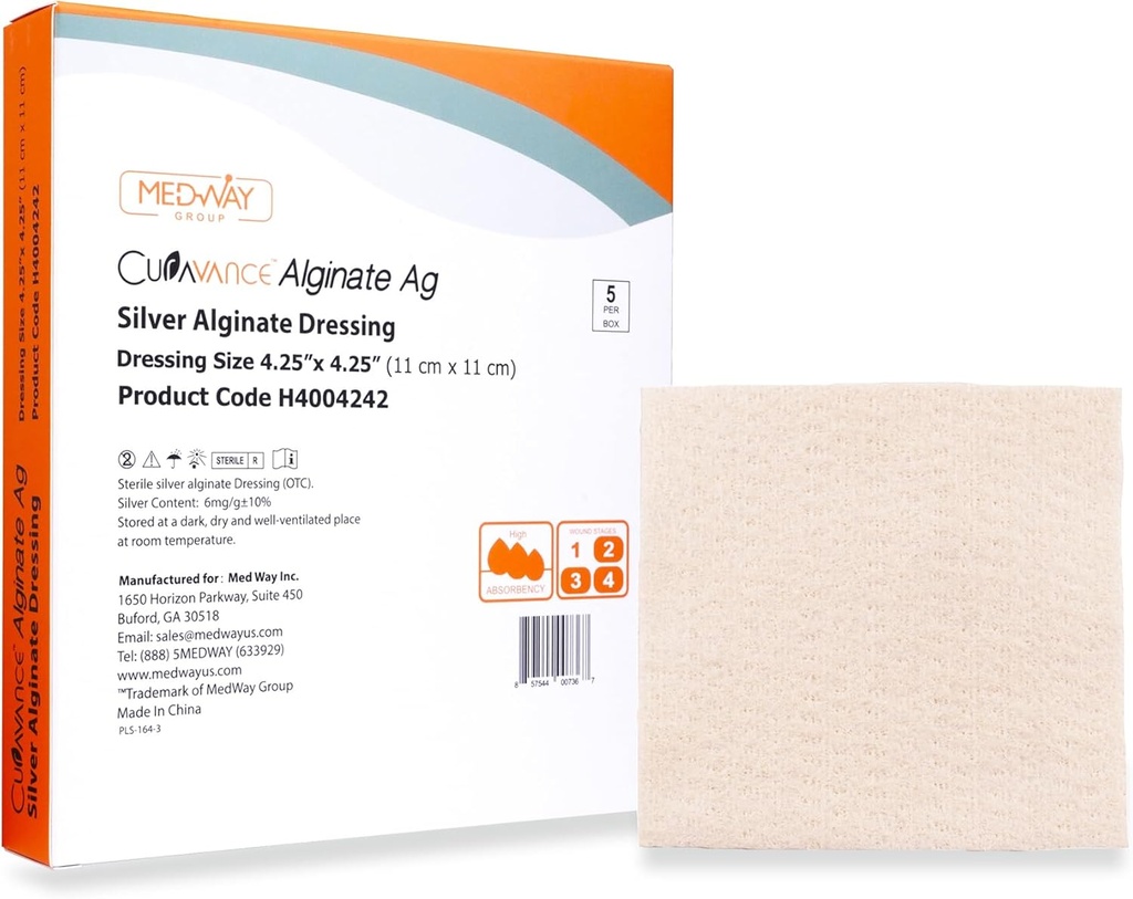 MedVance MedHeal Silver Alginate Calcium Ag Sterile Highly Absorbent Dressing, (4. 25" x 4. 25") 5 dressings/Box, 5 Count (Pack of 1)