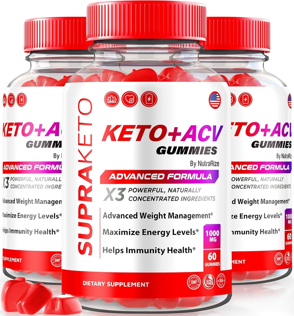 NutraRize (Pack of 3 Supra Keto ACV Gummies for Weight Loss, Premium Keto+ACV Gummies, All-Natural Apple Cider Vinegar Gummy, Advanced Formula, Official Supplement Reviews (180 Gummies)