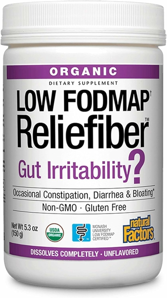 Doğal Faktörler Organik Low FISOAP Reliefiber Toz - Digestive Health Support Supplement with Diyetary & uli Fiber - Gut Health Support Aids Mild Bloating - Unflavored, 150 g (30 hizmet)