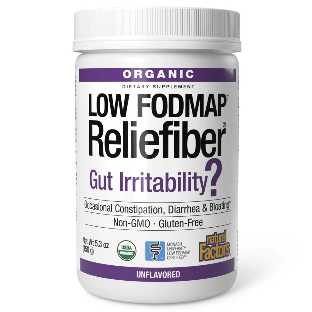 Doğal Faktörler Organik Low FISOAP Reliefiber Toz - Digestive Health Support Supplement with Diyetary & uli Fiber - Gut Health Support Aids Mild Bloating - Unflavored, 150 g (30 hizmet)