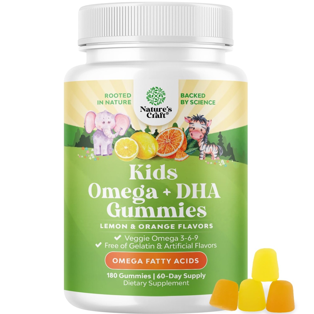 Çocuklar için Omega DHA Gummies - Fatty Asits Omega 3 6 9, Beyin Için C vitamini ile Immunity & Vizyon - Sağlıklı Nervous System & Focus Desteği için Beslenme DHA - Fish Free & Vegan - 180 Chews