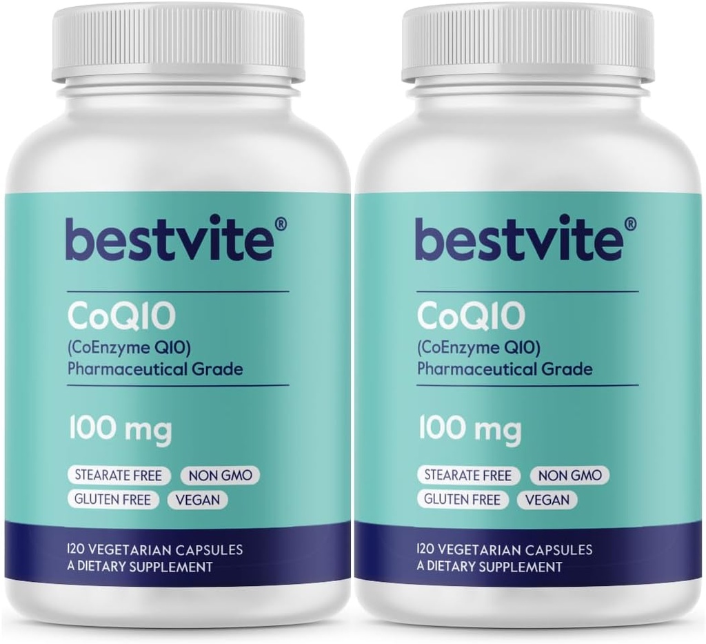 BESTVITE Coenzyme CoQ10 100 mg (240 Vejetaryen Capsules) (2-Pack) Doğal Fermented - No Stearates - No Fillers - Vegan - Non GMO - Gluten Free
