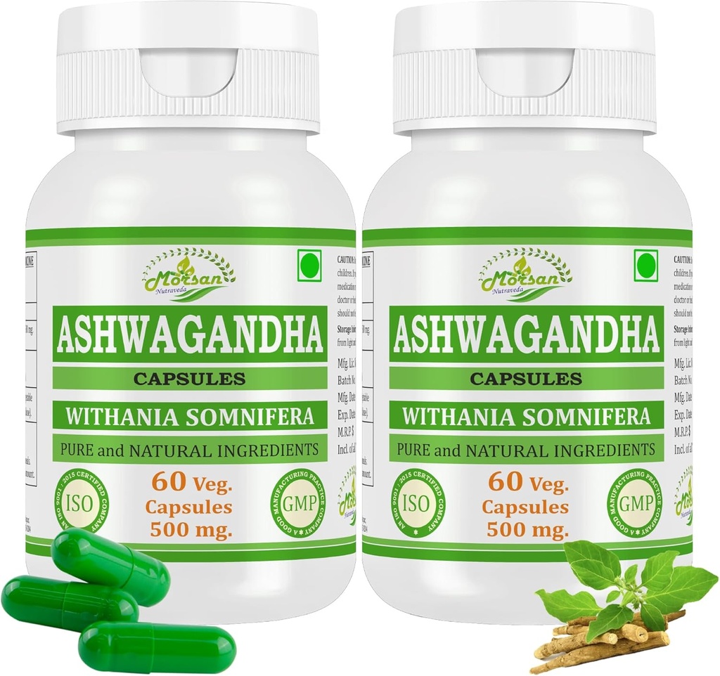 Ashwagandha (Withania Somnifera) Erkekler ve Kadınlar için Kapsüller | Ayurvedic Herbal Supplement | hizmet başına 500 mg | 60 Veggie Capsules | Made with Natural Ashwagandha Root (2 Şişes 60 Capsules)