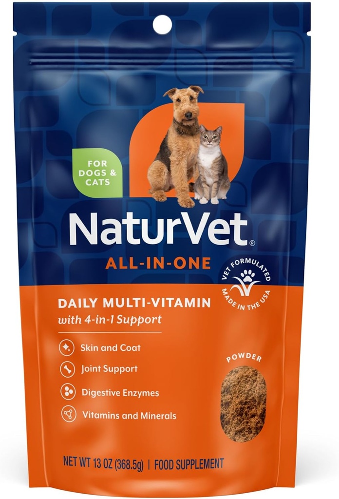 NaturVet All-in-One Dog Supplement - Ortak Destek için, Digestion, Skin, Coat Care – Dog Multivitamins with Minerals, Omega-3, 6, 9 – Buğday-Free Vitamins for Dogs – 13-Ounce Toz