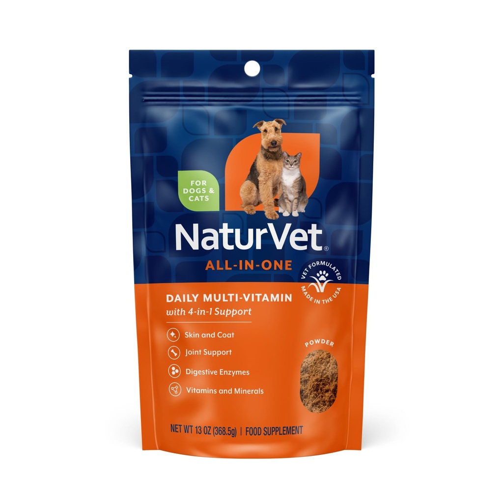 NaturVet All-in-One Dog Supplement - Ortak Destek için, Digestion, Skin, Coat Care – Dog Multivitamins with Minerals, Omega-3, 6, 9 – Buğday-Free Vitamins for Dogs – 13-Ounce Toz