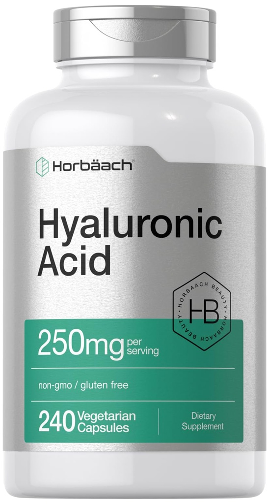 Horbäach Hyaluronic Acid Capsules | 250 mg | 240 Count | Non-GMO ve Gluten Free Supplement Supplement