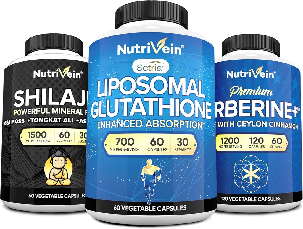 Nutrivein Premium Shilajit Κάψουλες, Liposomal Glutathionone Συμπλήρωμα, & Berberine Συμπλήρωμα Bundle: Βερβερίνη, Glutathione, & Shilajit Κάψουλες για άνδρες και γυναίκες - Μεταβολισμός, Ζωτικότητα, & Ισορροπία