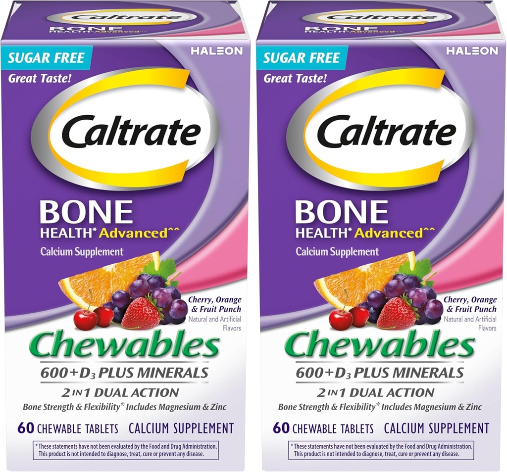 Caltrate Chewables 600 Plus D3 Plus Mineralsul Vitamin D Supplement, Cherry, Orange ve Meyve Zü - 60 Kont (Pack of 2)
