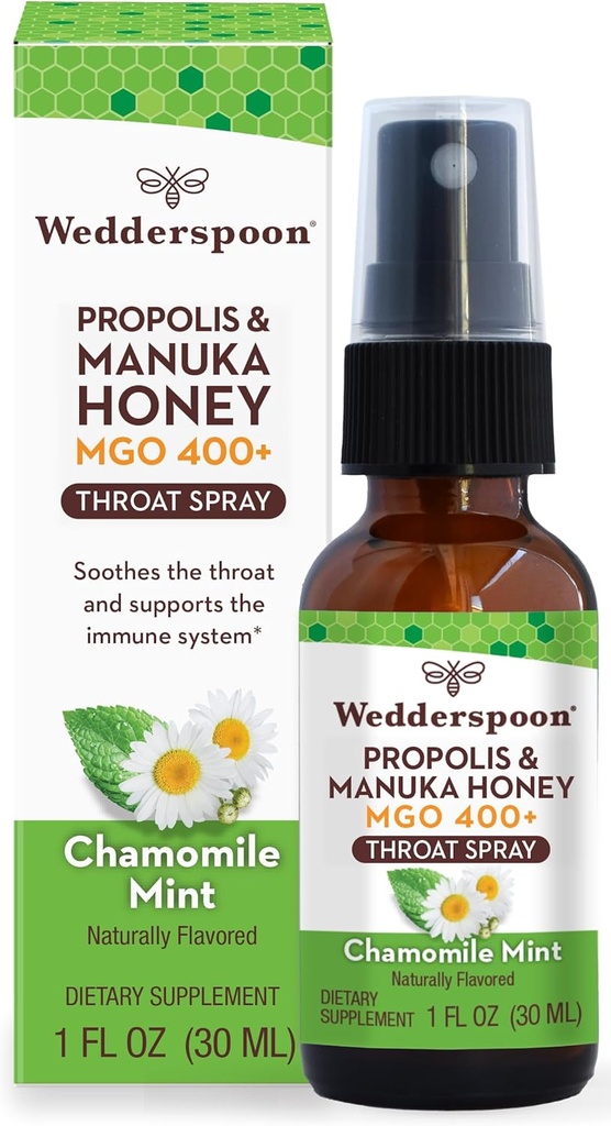Wedderspoon Propolis ve Manuka Honey Throat Mix, Chamomile & Mint, 1 Fl Oz (Pack of 1), Sore Throat Relief, Natural Immune Support