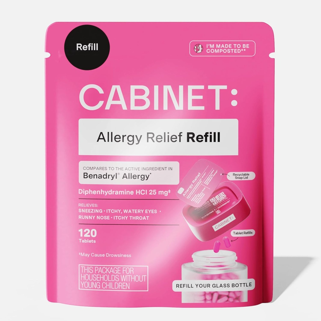 Cabinet: Diphenhydramine 25mg Αλλεργία Relief Αντιισταμινικά δισκία για Αλλεργίες, Πυρετός Hay, και Runny μύτη, 120 δισκία (Refill Pouch)
