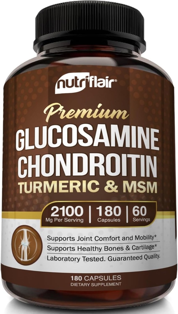 NutriFlair Glucosamine Chondroitin Turmeric MSM Boswellia, 180 Capsules - Ortak Konfor Supplement - Natural & Non-GMO - Antioksi Pills - Supports Back, Dizs, Hands, Commons, Cartilageage