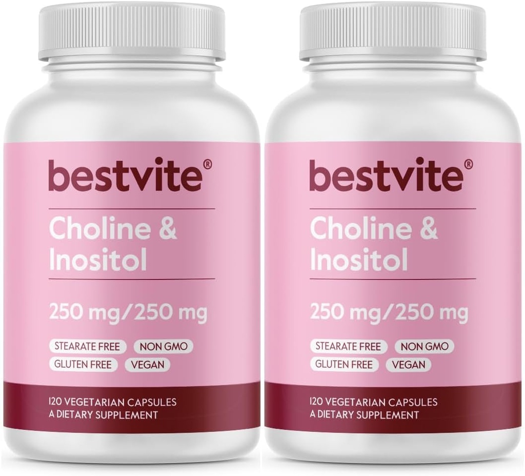 BESTVITE Choline Inositol 500 mg (240 Vejetaryen Capsules) (120 x 2) - No Stearates - No Dicalcium Phosphate - No Fillers - Vegan - Non GMO - Gluten Free Capsules)
