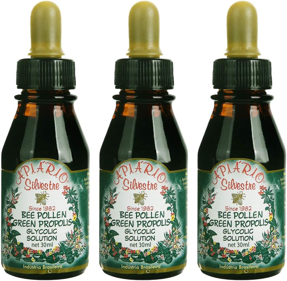 3 μπουκάλια Apiario Silvestre Bee Pollen & Βραζιλία Green Bee Propolis Liquid - Glycolic Extract-Non Alcoinic, Wax Free, Χωρίς ζάχαρη
