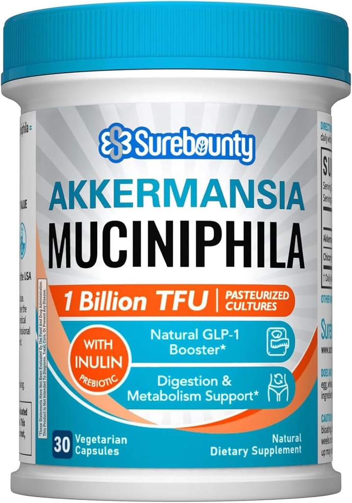 Akkermansia Probiotic GLP-1, 1 Billion TFU, Akkermansia Muciniphila with Prebiotic Inulin Fiber, Gut Health for Men & Women, Vegan, Non-GMO, 30 Caps