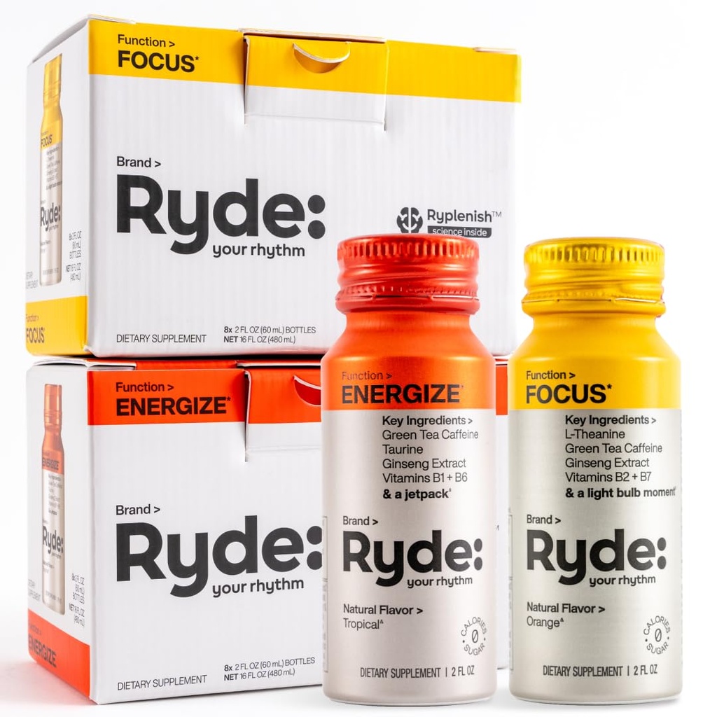 RYDE Shots | Energize + Focus | Essential B Vitaminleri ve Caffeine| Zero Calories, Zero Sugar | Pack of 16