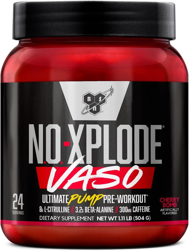 BSN N.O.-XPLODE Vaso Pre Workout Toz 8g of L-Citrulline and 3.2g Beta-Alanine and Energy, Flavor: Cherry Bomb, 24 Hizmetler