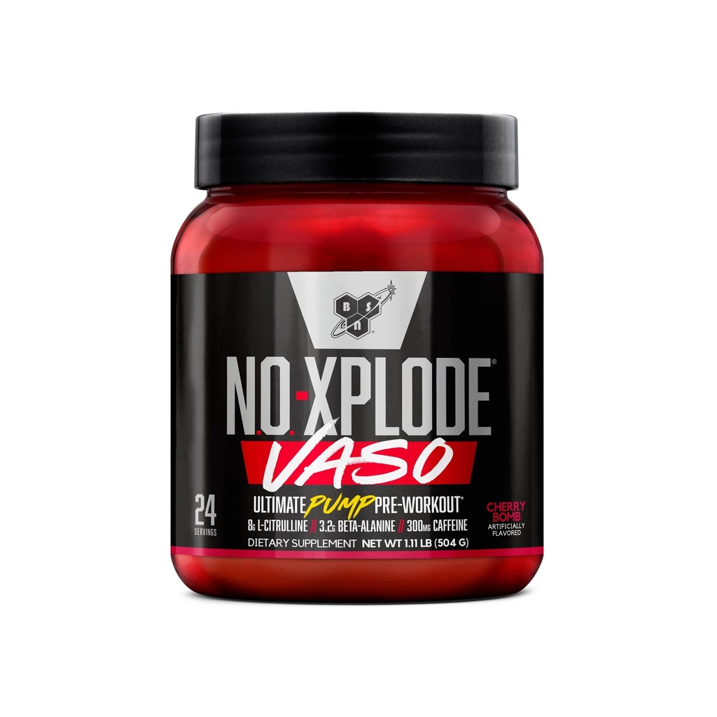 BSN N.O.-XPLODE Vaso Pre Workout Toz 8g of L-Citrulline and 3.2g Beta-Alanine and Energy, Flavor: Cherry Bomb, 24 Hizmetler