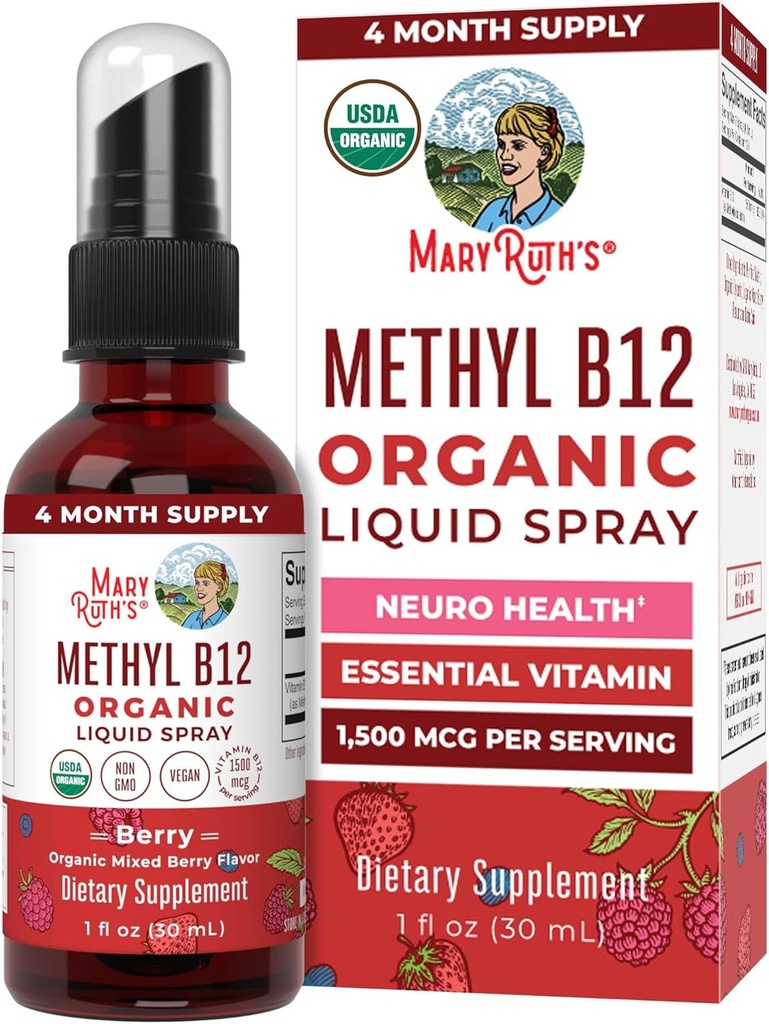 MaryRuth Organics Vitamin B12 Sıvı yapıştırıcısı | Vegan, Non-GMO, Gluten-Free | USDA Organic Supplement | Energy & Nervous System Support | B12 Vitaminleri Kadınlar ve Erkekler için | 1. Fl Oz