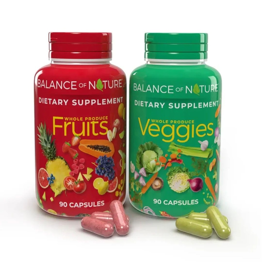 Balance of Nature Fruits and Veggies Συμπληρώματα - ολόκληρα συστατικά φρούτων και λαχανικών για γυναίκες, άνδρες και παιδιά - 90 κάψουλες φρούτων, 90 κάψουλες λαχανικών - 1 σετ