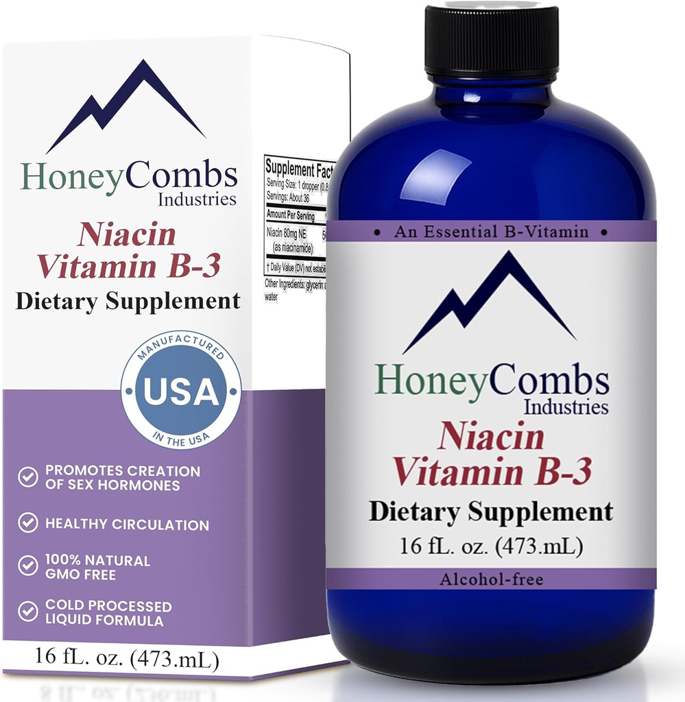 HoneyCombs Βιταμίνη Β3 Niacin Συμπλήρωμα Υγρές σταγόνες - Υψηλής ισχύος Βιταμίνη Β3 Υγρές σταγόνες για άνδρες & γυναίκες - Διατήρηση Digestive System, Δέρμα, Γλώσσα, Ενέργεια και Περισσότερα - Vegan Niacin Drop (16 FL oz)