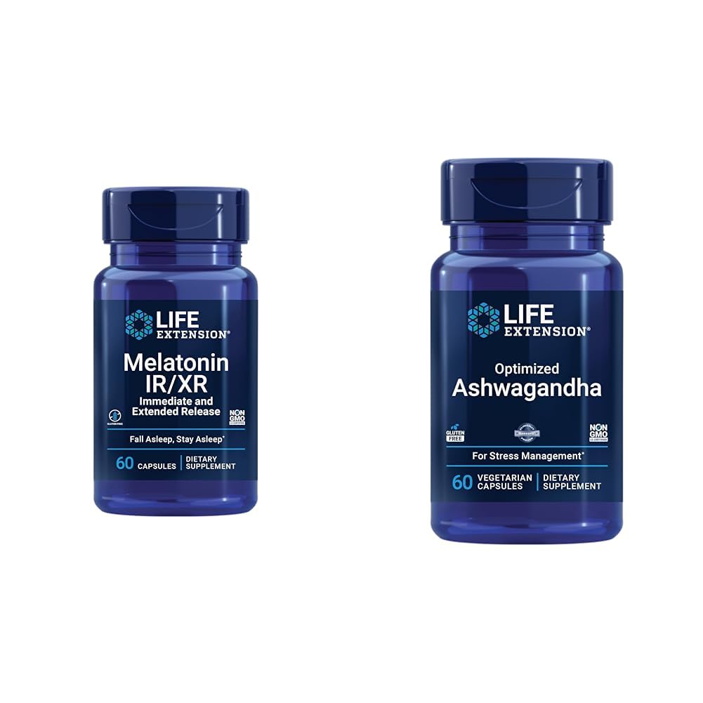 Life Extension Melatonin IR/XR & Optimized Ashwagandha - Uyku, Stres Yardımı, Focus, Memory - 60 Capsules