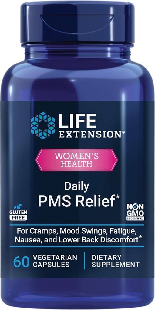 Life Extension Daily PMS Relief, Menstrual Comfort Supplement, PMS-Related Cramps, Lower Back rahatsızlığı, Mood, Ginger, Magnezyum, B6, Gluten-Free, Non-GMO, 60 Capsules
