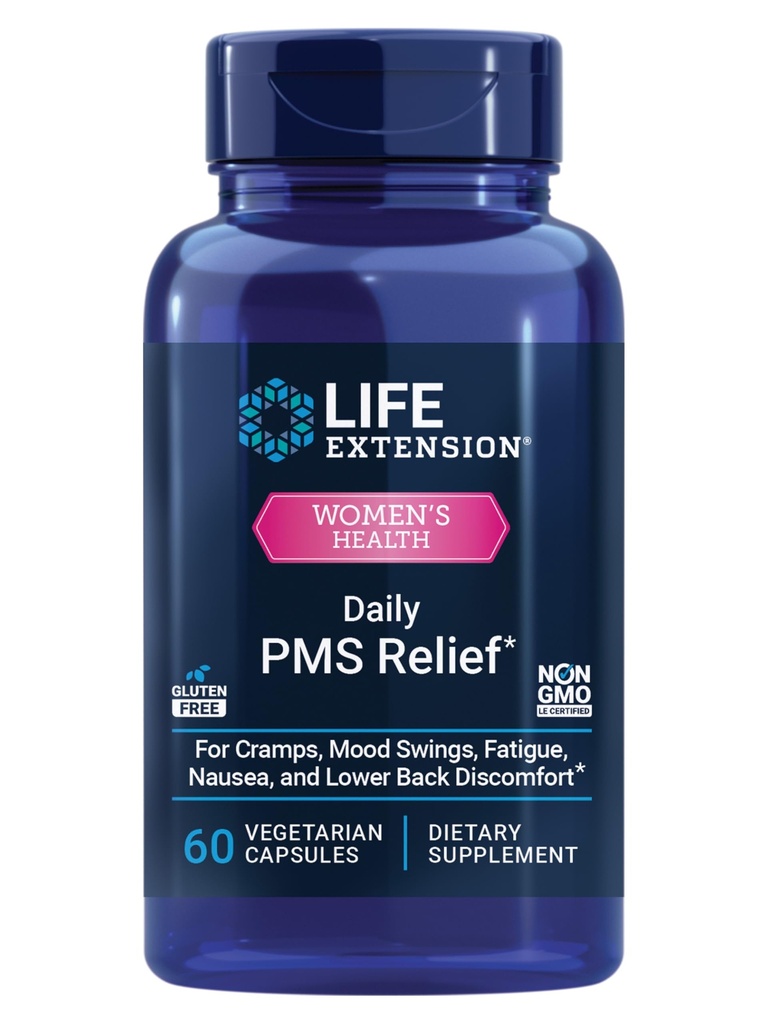 Life Extension Daily PMS Relief, Menstrual Comfort Supplement, PMS-Related Cramps, Lower Back rahatsızlığı, Mood, Ginger, Magnezyum, B6, Gluten-Free, Non-GMO, 60 Capsules