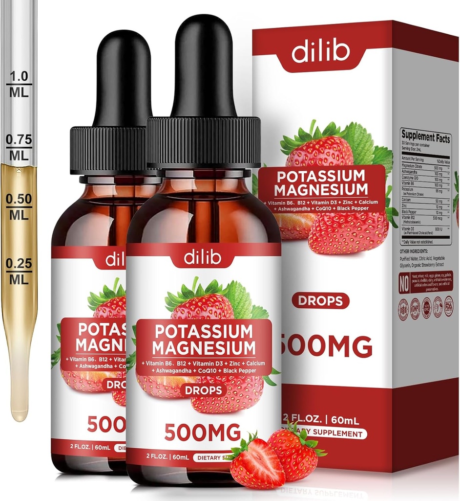 Potasyum Magnezyum Citrate Supplement, Sıvı Citrate Drops 500 mg with Ashwagandha, Macau, Vitamin D3, B6, B12, CoQ10 - Support Calm & Bone & Muscle & Immune Health Vegan 2 Pack
