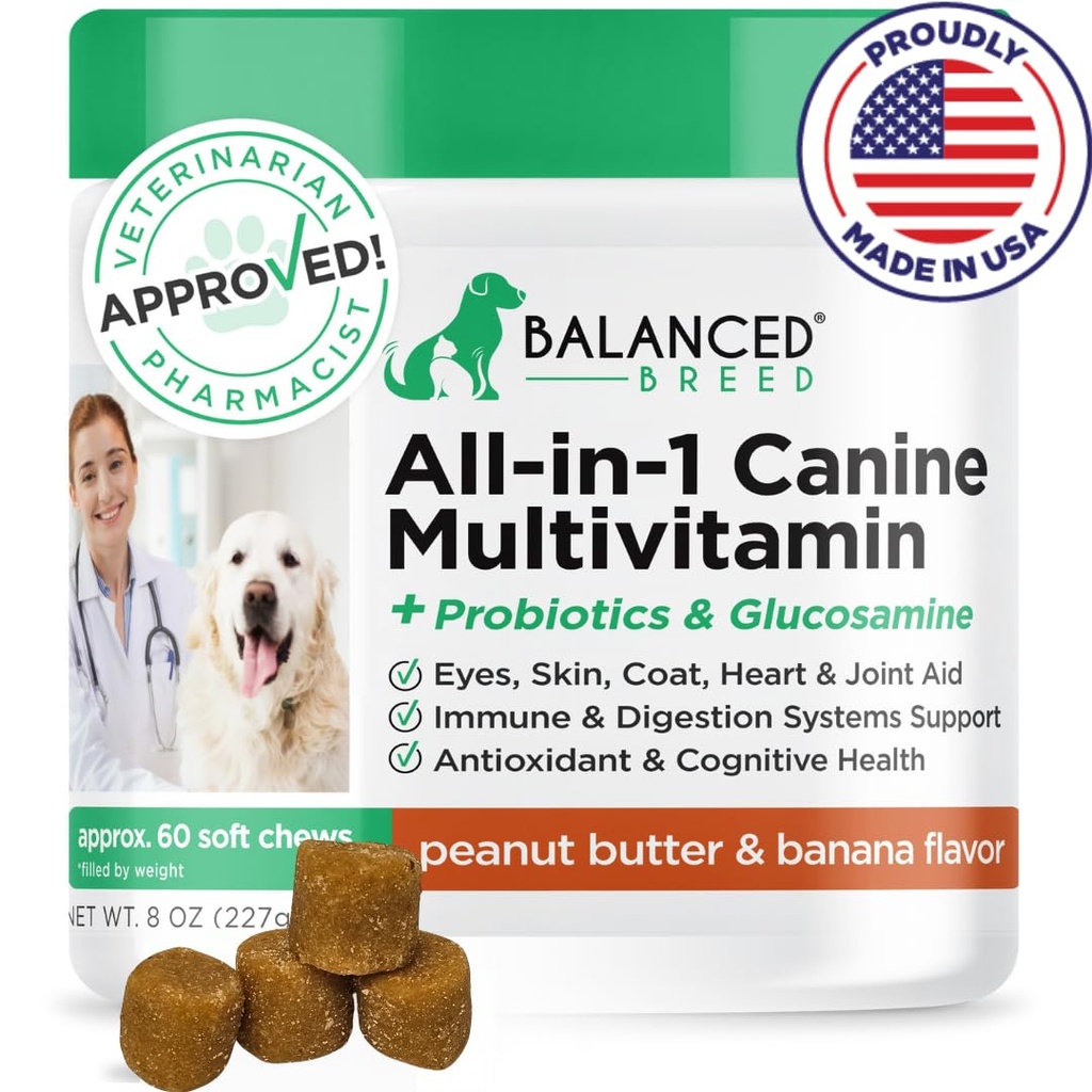 Balanced Breed All-in-1 Dog Vitamins Supplements Made in USA Vet-Pharmacist Approved Dog Multivitamin Probiotics Glucosamine Chondroitin Dogs Salmon Oil Skin Coat Immune Senior Dogs Supplement NonGMO