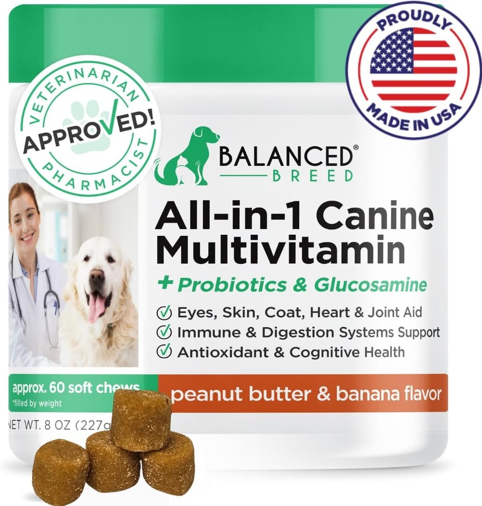 Dengeli Breed All-in-1 Dog Vitamins Supplements Made in USA Vet-Pharmacist Onaylanmış Köpek Multivitamin Probiyotikleri Glucosamine Chondroitin Köpekler Salmon Oil Skin Coat Immune Senior Dogs Supplement NonGMOMO